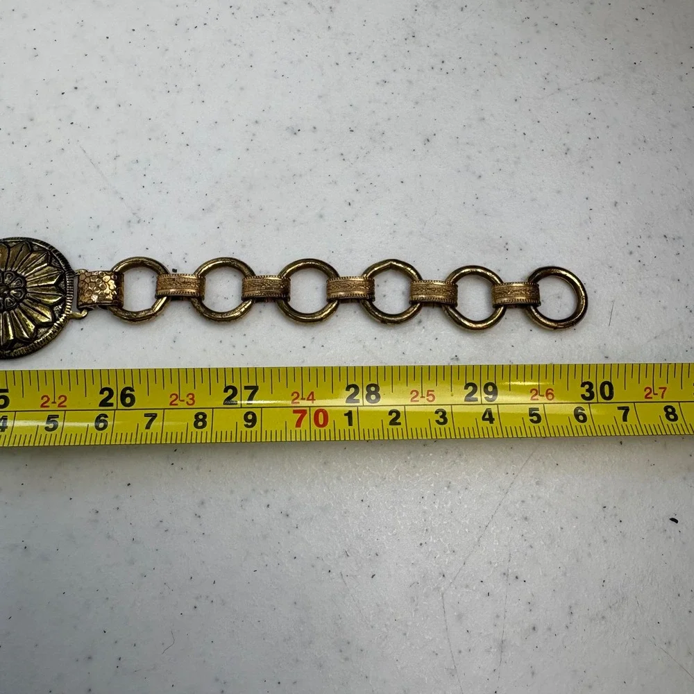 Vintage Antiqued Brass Floral Concho Chain Belt Boho Western Medallion Gold Tone